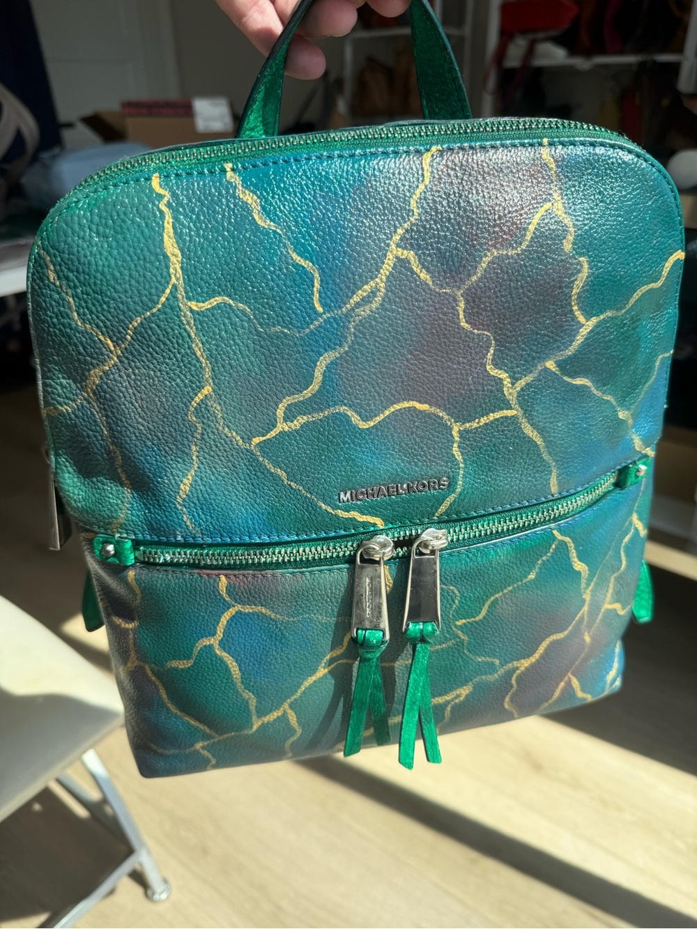 One of a kind hand painted Michael Kors Rhea Pebbled Leather Backpack